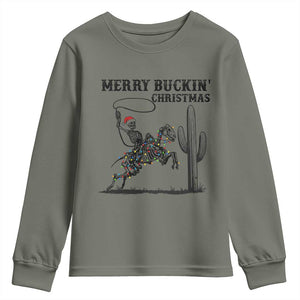 Merry Buckin Christmas Youth Sweatshirt Funny Skeleton Santa Horse Rider TS12 Military Green Print Your Wear