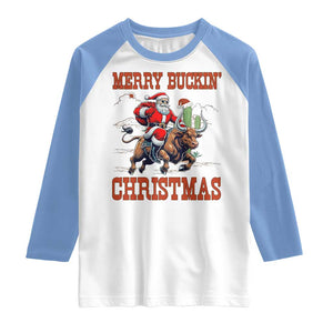 Western Black Santa Merry Buckin Christmas Raglan Shirt Funny Rodeo TS12 White Carolina Blue Print Your Wear