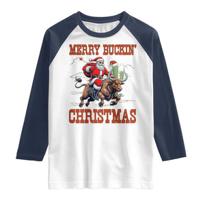 Western Black Santa Merry Buckin Christmas Raglan Shirt Funny Rodeo TS12 White Navy Print Your Wear