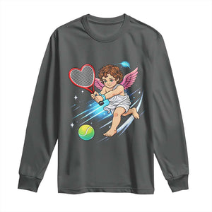 Funny Cupid Tennis Player Long Sleeve Shirt Valentines Day Gift TS12 Dark Heather Print Your Wear
