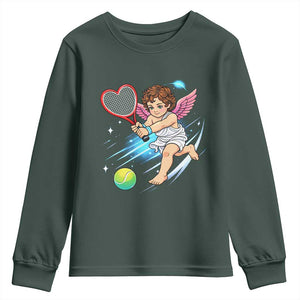 Funny Cupid Tennis Player Youth Sweatshirt Valentines Day Gift TS12 Dark Forest Green Print Your Wear