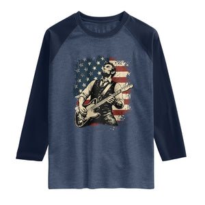 Vintage Abraham Lincoln Playing Electric Guitar Raglan Shirt Patriotic Rocker Gift TS12 Heather Denim Navy Print Your Wear