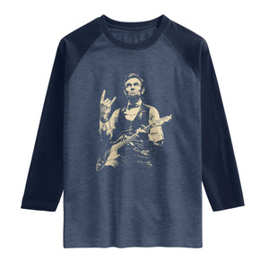 Rock And Roll Abraham Lincoln Playing Guitar Raglan Shirt Vintage Patriotic Music Gift TS12 Heather Denim Navy Print Your Wear