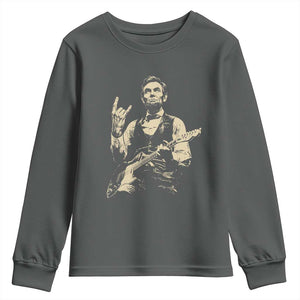 Rock And Roll Abraham Lincoln Playing Guitar Youth Sweatshirt Vintage Patriotic Music Gift TS12 Dark Heather Print Your Wear