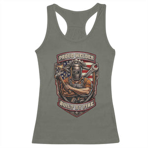 Vintage Proud American Welder Racerback Tank Top Built By Fire Blue Collar Dad Gift TS12 Military Green Print Your Wear