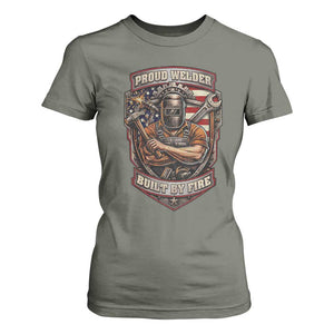Vintage Proud American Welder T Shirt For Women Built By Fire Blue Collar Dad Gift TS12 Military Green Print Your Wear