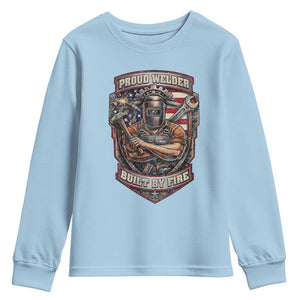 Vintage Proud American Welder Youth Sweatshirt Built By Fire Blue Collar Dad Gift