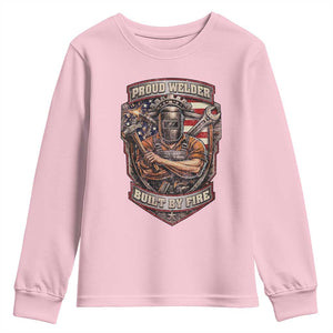 Vintage Proud American Welder Youth Sweatshirt Built By Fire Blue Collar Dad Gift
