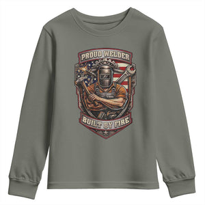 Vintage Proud American Welder Youth Sweatshirt Built By Fire Blue Collar Dad Gift