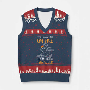 Funny Stickman Welder I Know I Am On Fire V-Neck Knit Sweater Vest Metal Worker Gift