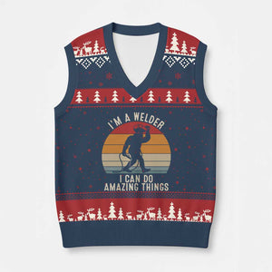 Funny Bigfoot Welding Gift V-Neck Knit Sweater Vest I Can Do Amazing Things With A Welder TS12 Navy Red Print Your Wear