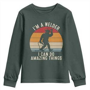 Funny Bigfoot Welding Gift Youth Sweatshirt I Can Do Amazing Things With A Welder TS12 Dark Forest Green Print Your Wear