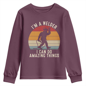 Funny Bigfoot Welding Gift Youth Sweatshirt I Can Do Amazing Things With A Welder TS12 Maroon Print Your Wear