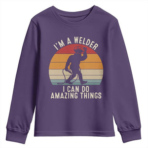 Funny Bigfoot Welding Gift Youth Sweatshirt I Can Do Amazing Things With A Welder TS12 Purple Print Your Wear