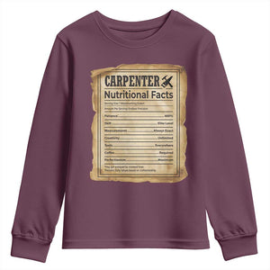 Woodworker Nutrition Label Youth Sweatshirt Carpenter Nutritional Facts Graphic
