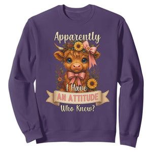 Apparently I Have An Attitude Who Knew Sweatshirt Funny Sarcasm Highland Cow TS12 Purple Print Your Wear