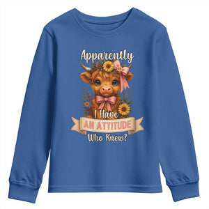 Apparently I Have An Attitude Who Knew Youth Sweatshirt Funny Sarcasm Highland Cow TS12 Royal Blue Print Your Wear