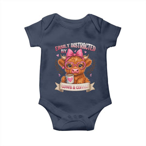 Easily Distracted By Cow And Coffee Baby Onesie Funny Highland Cow TS12 Navy Print Your Wear