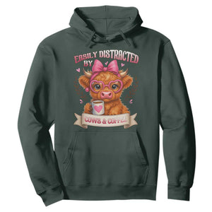 Easily Distracted By Cow And Coffee Hoodie Funny Highland Cow TS12 Dark Forest Green Print Your Wear