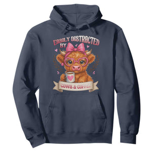 Easily Distracted By Cow And Coffee Hoodie Funny Highland Cow TS12 Navy Print Your Wear