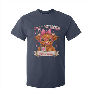 Easily Distracted By Cow And Coffee T Shirt For Kid Funny Highland Cow TS12 Navy Print Your Wear