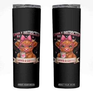 Easily Distracted By Cow And Coffee Skinny Tumbler Funny Highland Cow TS12 Black Print Your Wear