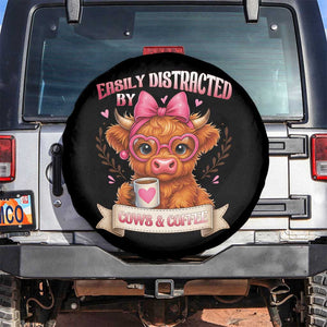 Easily Distracted By Cow And Coffee Spare Tire Cover Funny Highland Cow TS12 No hole Black Print Your Wear