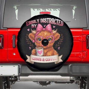 Easily Distracted By Cow And Coffee Spare Tire Cover Funny Highland Cow TS12 Black Print Your Wear