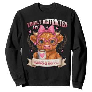 Easily Distracted By Cow And Coffee Sweatshirt Funny Highland Cow TS12 Black Print Your Wear