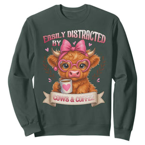 Easily Distracted By Cow And Coffee Sweatshirt Funny Highland Cow TS12 Dark Forest Green Print Your Wear