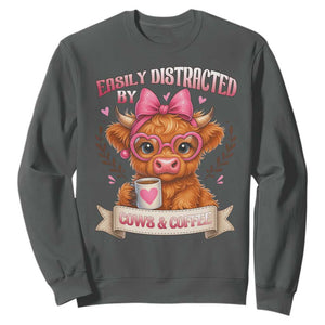 Easily Distracted By Cow And Coffee Sweatshirt Funny Highland Cow TS12 Dark Heather Print Your Wear