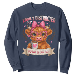Easily Distracted By Cow And Coffee Sweatshirt Funny Highland Cow TS12 Navy Print Your Wear