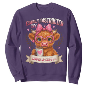 Easily Distracted By Cow And Coffee Sweatshirt Funny Highland Cow TS12 Purple Print Your Wear