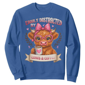 Easily Distracted By Cow And Coffee Sweatshirt Funny Highland Cow TS12 Royal Blue Print Your Wear