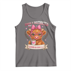 Easily Distracted By Cow And Coffee Tank Top Funny Highland Cow TS12 Deep Heather Print Your Wear