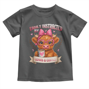 Easily Distracted By Cow And Coffee Toddler T Shirt Funny Highland Cow TS12 Dark Heather Print Your Wear
