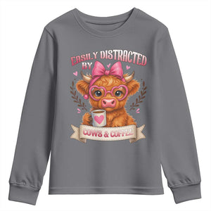 Easily Distracted By Cow And Coffee Youth Sweatshirt Funny Highland Cow TS12 Charcoal Print Your Wear