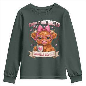 Easily Distracted By Cow And Coffee Youth Sweatshirt Funny Highland Cow TS12 Dark Forest Green Print Your Wear