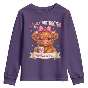 Easily Distracted By Cow And Coffee Youth Sweatshirt Funny Highland Cow TS12 Purple Print Your Wear