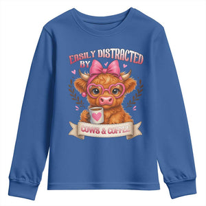Easily Distracted By Cow And Coffee Youth Sweatshirt Funny Highland Cow TS12 Royal Blue Print Your Wear