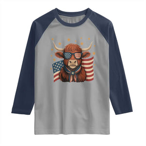 Funny Highland Cow Raglan Shirt USA Flag Patriotic Cow Farmer TS12 Sport Gray Navy Print Your Wear