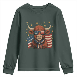 Funny Highland Cow Youth Sweatshirt USA Flag Patriotic Cow Farmer TS12 Dark Forest Green Print Your Wear