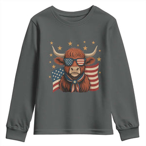 Funny Highland Cow Youth Sweatshirt USA Flag Patriotic Cow Farmer TS12 Dark Heather Print Your Wear