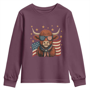 Funny Highland Cow Youth Sweatshirt USA Flag Patriotic Cow Farmer TS12 Maroon Print Your Wear