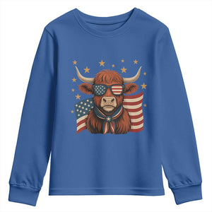 Funny Highland Cow Youth Sweatshirt USA Flag Patriotic Cow Farmer TS12 Royal Blue Print Your Wear
