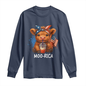 Funny Highland Cow Patriotic Long Sleeve Shirt Moo Rica USA Flag Cow Farmer TS12 Navy Print Your Wear