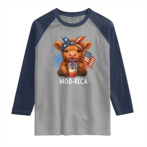 Funny Highland Cow Patriotic Raglan Shirt Moo Rica USA Flag Cow Farmer TS12 Sport Gray Navy Print Your Wear