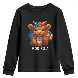 Funny Highland Cow Patriotic Youth Sweatshirt Moo Rica USA Flag Cow Farmer TS12 Black Print Your Wear