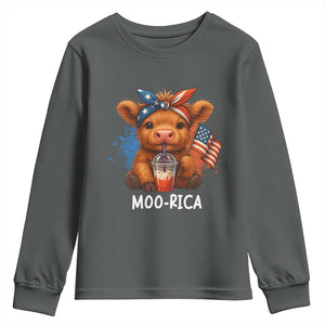 Funny Highland Cow Patriotic Youth Sweatshirt Moo Rica USA Flag Cow Farmer TS12 Dark Heather Print Your Wear