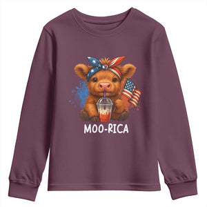 Funny Highland Cow Patriotic Youth Sweatshirt Moo Rica USA Flag Cow Farmer TS12 Maroon Print Your Wear